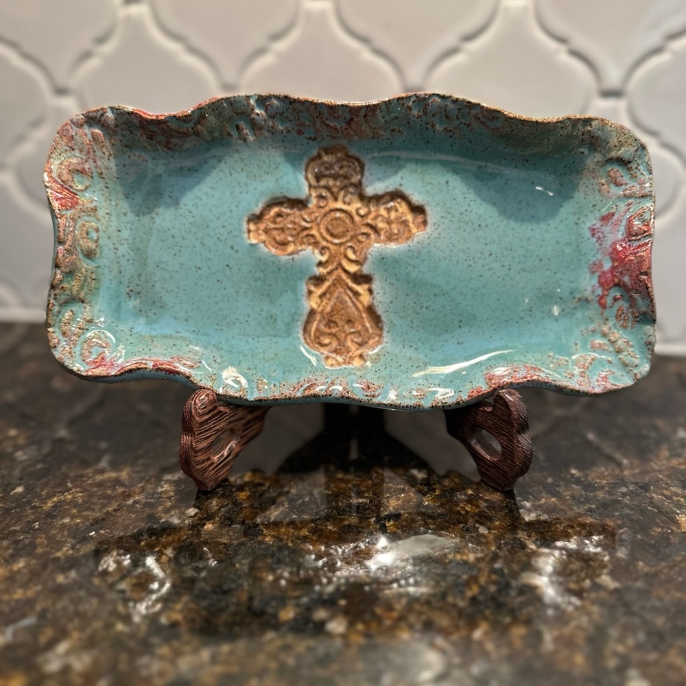 Handcrafted Ceramic Tray with Cross Design - Turquoise and Brown